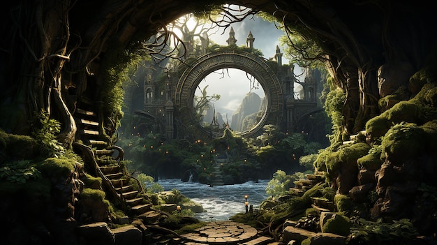 Exploration Portal An image of a gateway in the middle of a forest showing natural elements