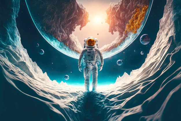 Exploration of uninhabited planet in universe by floating astronaut