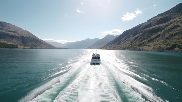 Explore the beauty of nature as you enjoy a leisurely ferry ride across a stunning body of water documented in mesmerizing footage Generated by AI