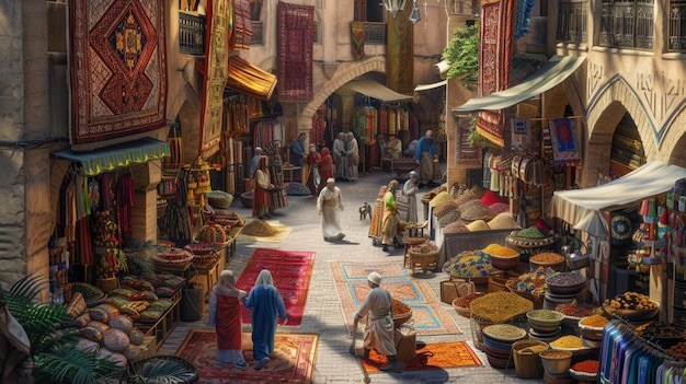 Explore a bustling market adorned with vibrant tapestries and exotic spices as preparations for the Passover feast unfold in a whirlwind of activity