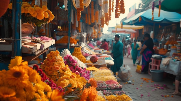 Explore a bustling marketplace adorned with colorful stalls and festive decorations where vendors of