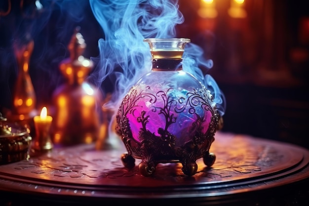 Explore a colorful alchemical tableau with potion smoke and magic brought to life by Generative AI