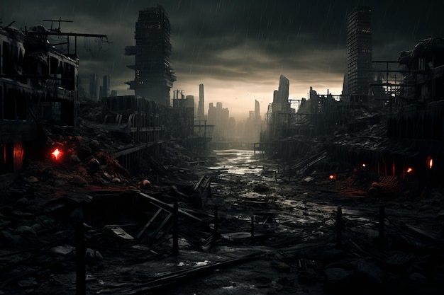 Explore a desolate city landscape of decay and shadows in this dystopian Generative AI