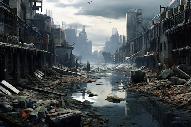 Explore a desolate city landscape of decay and shadows in this dystopian Generative AI