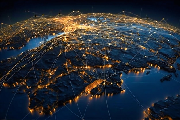 Explore the expansive nature of trade business through an intricate network of glowing routes on a 3D world map