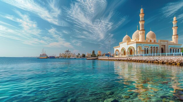 写真 フルガダの海景観を探索し,堤防に沿って驚くべきモスク建築を