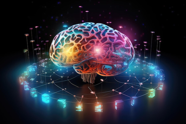 Explore the intricate structure and dynamic functions of the human brain Holographic representation of the future human brain connecting with multicolor neurolinks pathway AI Generated