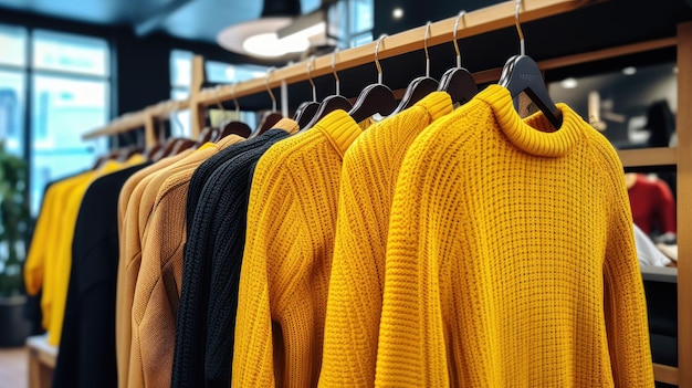 Explore the latest styles with yellow sweaters on a clothing rack