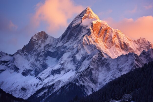 explore the majestic allure of snow capped mountain peaks in the early morning