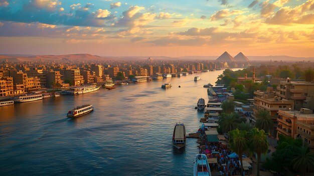 Explore the majestic ancient Egyptian city along the Nile river adorned with impressive pyramids enigmatic sphinxes and a vibrant market