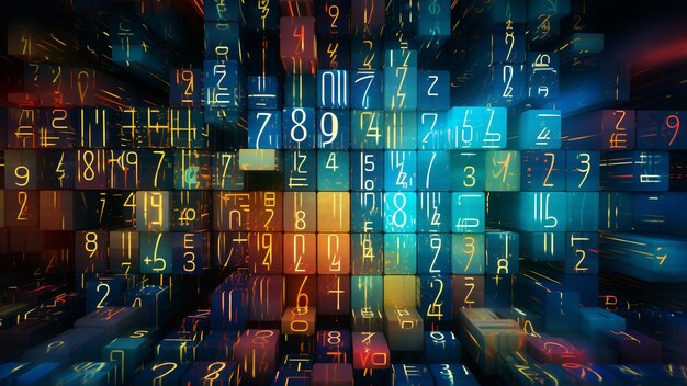 未来的なスクリーン背景のコード数字と文字の魅力的な世界を探索します この魅力的なビジュアルエクスペリエンスで 明日のデジタル領域に飛び込んでください