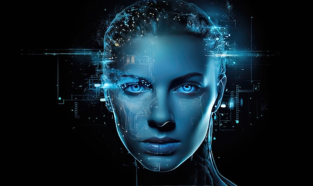 Explore the seamless fusion of human and artificial intelligence in this female face designe