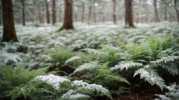 写真 凍りついたフェルンの詳細と冬の木の下の下層の植生を探索します