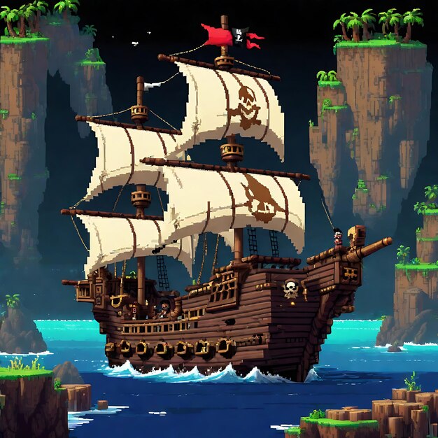 Explore the tropical islands with this pixelated pirate ship game