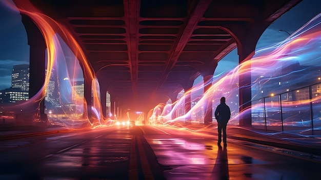 Photo explore the urban landscape through the enchanting of long exposure neon lights as human silhouette