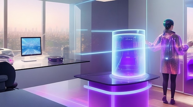 Explore the use of holograms in the futuristic home office