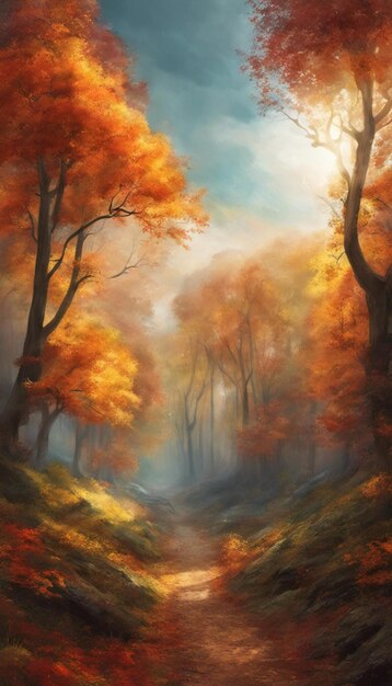 Explore the vibrant colors of autumn as the forest is adorned with a golden canopy of foliage the trees stand tall under the sunny sky creating a scene of natural beauty ai generated content