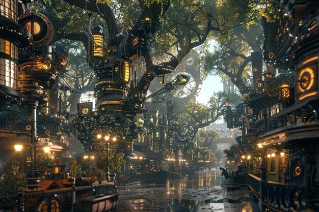 Photo explore the whimsical streets of a steampunk metro generative ai