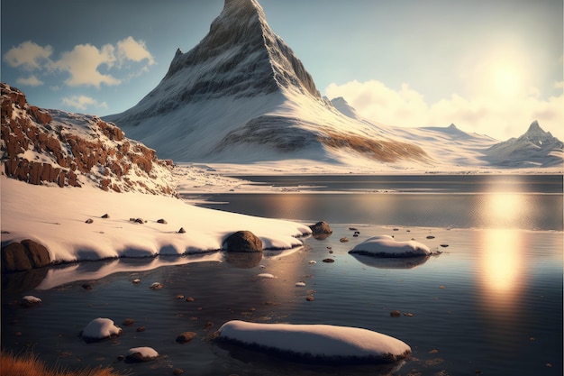 Explore the wild side of nature with snowy mountain scenery generative ai