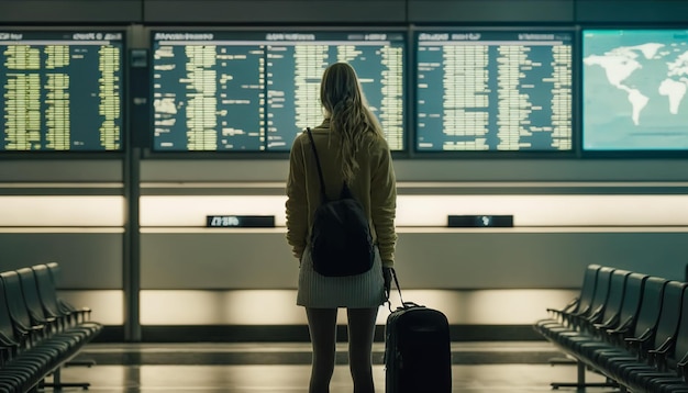 Explore the World Woman Checking Departure Board at the Airport Generative AI