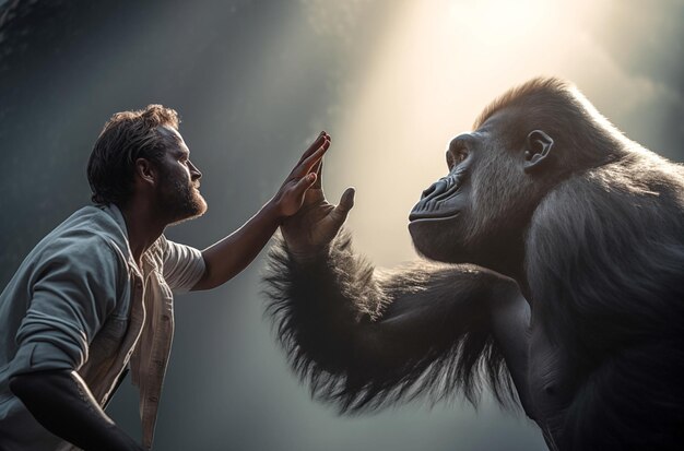 Explorer giving high five to gorilla