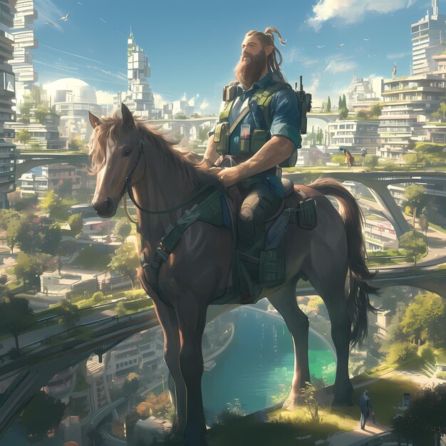 Explorer on Horseback in Futuristic Cityscape