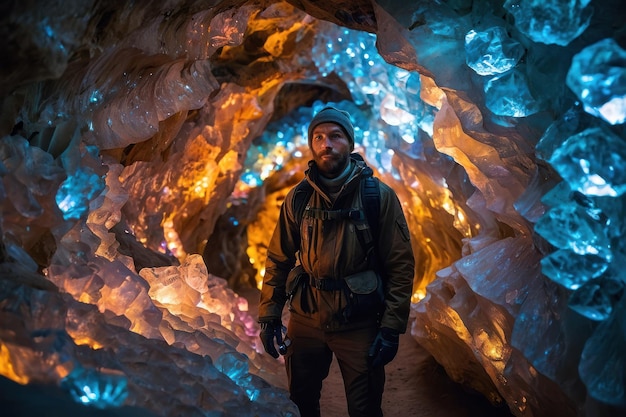写真 活気のある水晶の洞窟の探検家
