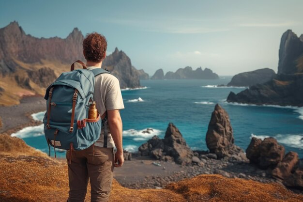 Photo explorer overlooking rocky shoreline