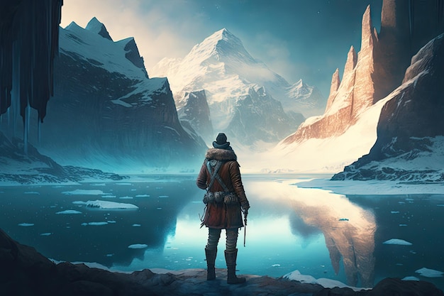 An explorer standing at the edge of a frozen lake with a towering glacier in the background created