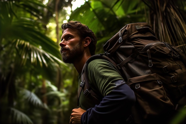 Photo explorer trekking through a dense jungle