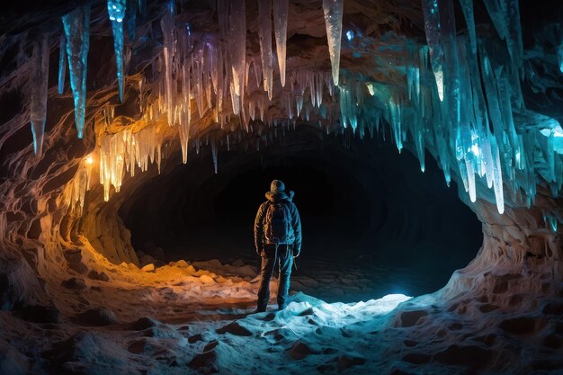 Photo explorer in a vibrant crystal cave