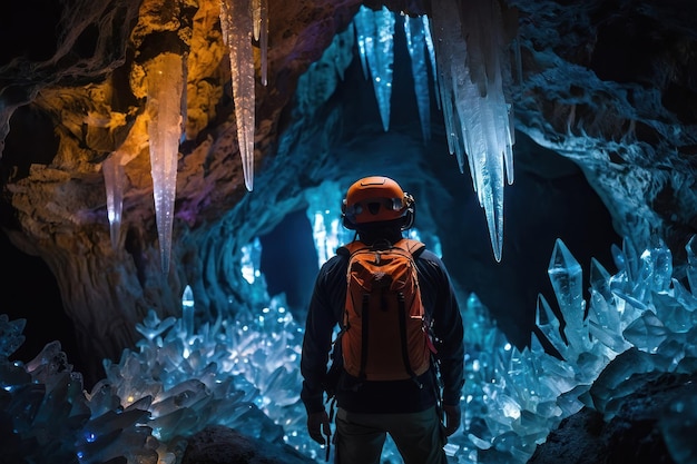 Photo explorer in a vibrant crystal cave