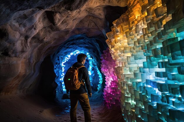 Photo explorer in a vibrant crystal cave