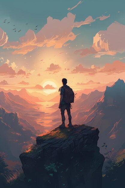 explorer with backpack background sunset landscape of climber man at the top of mountain Generativ