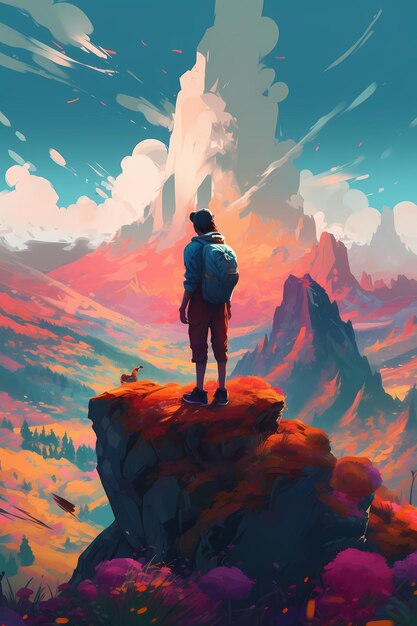 explorer with backpack background sunset landscape of climber man at the top of mountain Generativ