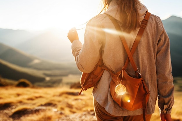 Foto esploratore giovane donna con la bussola in mano nelle montagne estive all'alba punto di vista concetto di