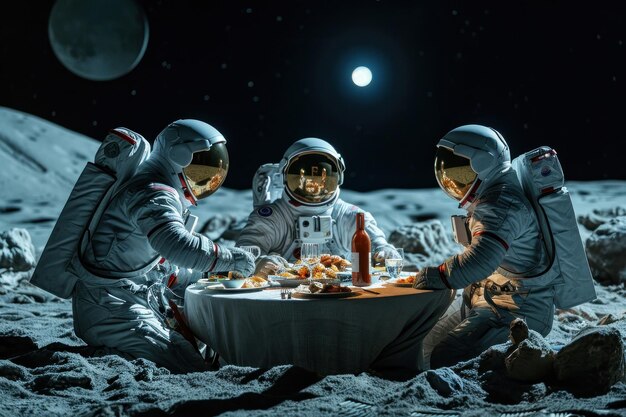 Photo explorers in spacesuits meeting diner on the moon