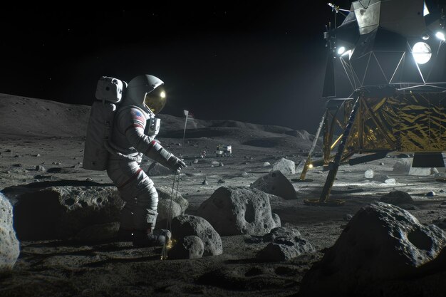 Photo explorers in spacesuits meeting on the moon