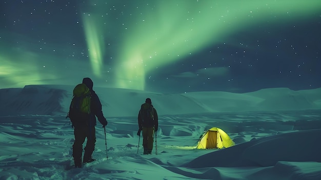 Foto esploratori che attraversano il paesaggio artico ghiacciato sotto l'affascinante aurora boreale