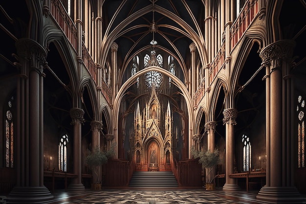 Фото Изучение интерьера готического собора католической церкви, открывающего драгоценные детали и священное
