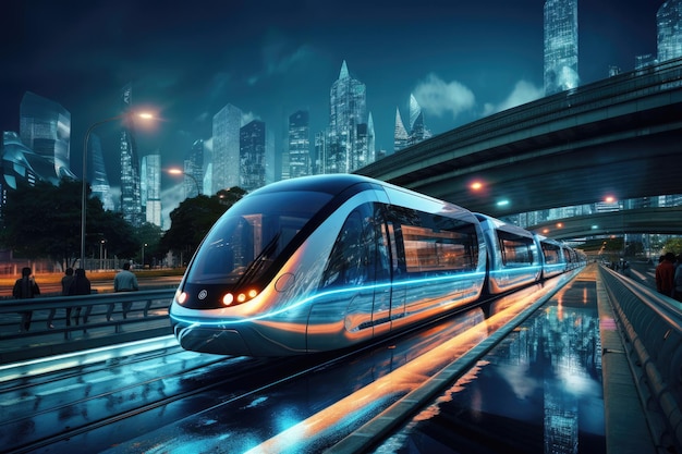 Photo exploring advanced urban infrastructures with highspeed trains and smart transportation systems