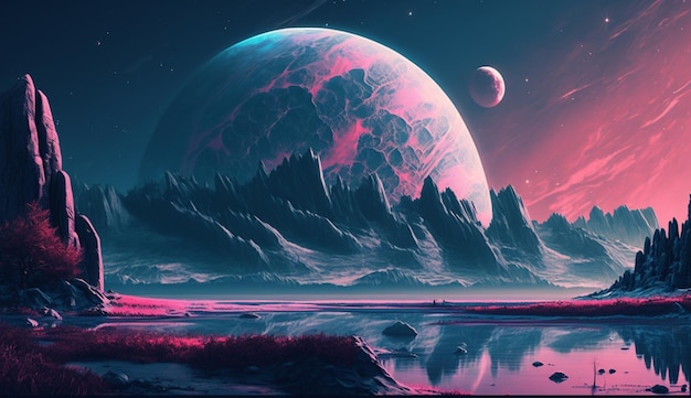 Photo exploring an alien landscape a pink planet with massive moon on the horizon