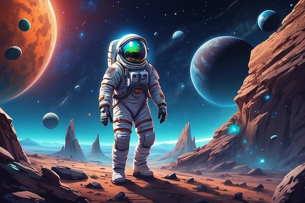 Exploring Alien Worlds Cartoon Astronaut on Faraway Planet