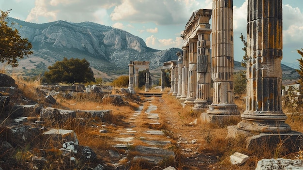 Exploring Ancient Roman Ruins with Mountain Backdrop