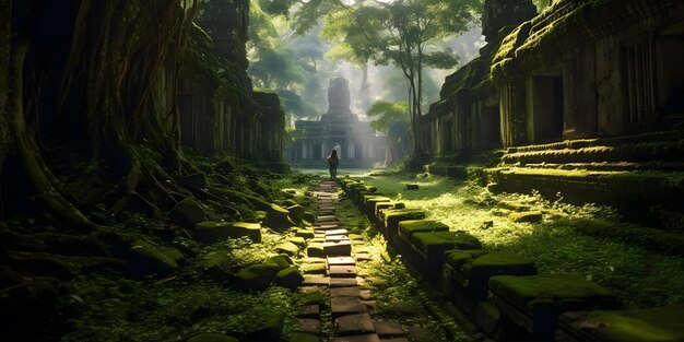 Exploring an Ancient Temple bathed in golden light amidst lush greenery