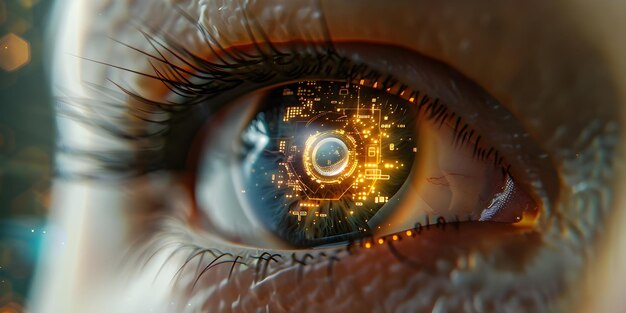 Photo exploring augmented reality and artificial intelligence through a closeup of a human eye with a digital board implant concept augmented reality artificial intelligence closeup photography