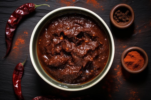 Exploring Authentic Mexican Flavors A Delectable View of Adobo Sauce in a Bowl with Dried Ancho Chi