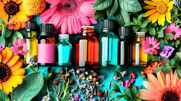 Foto esplorare lo sfondo degli oli essenziali erbe e fiori per la selezione concetto oli essenziali erbe fiori aromaterapia botanici