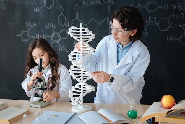 함께 생명 공학 탐구. 과학 프로젝트에 참여하고 공부하면서 실험실에 서서 염색체 모델을 탐구하는 숙련 된 똑똑한 행복한 학생