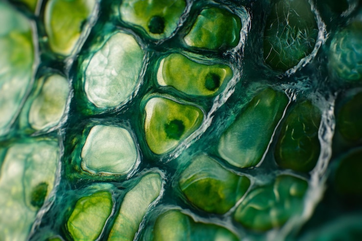 Photo クロロプラスチックが豊富な水生植物の葉細胞を微鏡で探索するchlamydocapsa sp